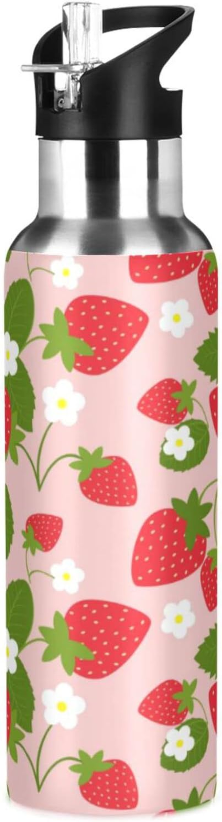 Strawberry Print Stainless Steel Water Bottle with Straw Lid - BPA Free & Vacuum Insulated