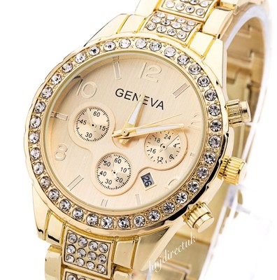 GOLD Geneva Chronograph Datum New Style Damen Frauen Kristalle Bling Armbanduhr