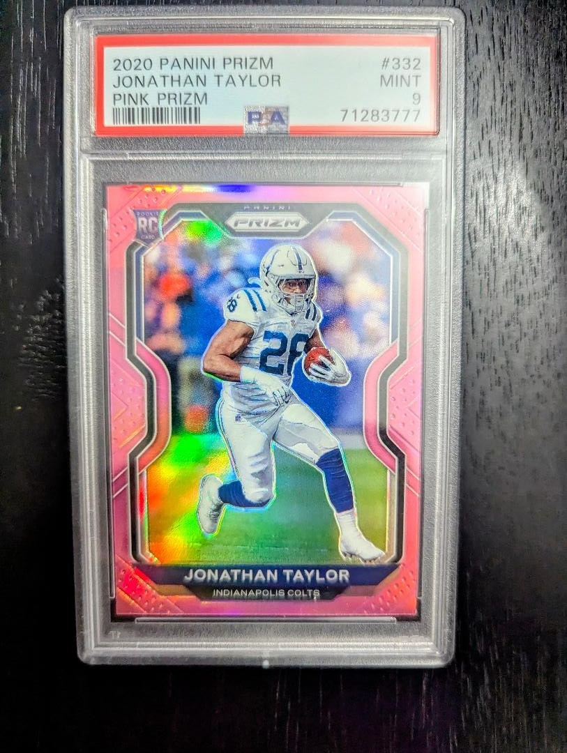 2020 PANINI PRIZM # 332 JONATHAN TAYLOR ROOKIE CARD PINK PRIZM P.S.A 9 MINT