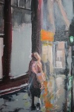 People And Rain W2.  Original Mixed Media Painting on Canvas Board 