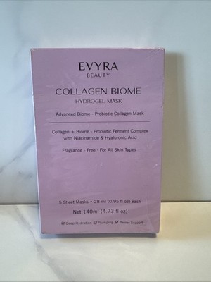 Evyra Collagen Biome Hydrogel Mask 5 Pack Full Face Korean Mask 28mL Each. New