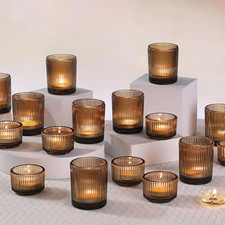 10Pcs Ribbed Amber Votive Candle Holders, Assorted Glass Tea Light Candle Holder