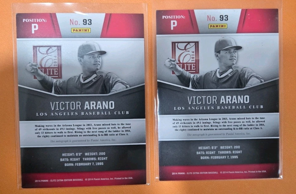 (2) 2014 Panini Elite Extra #93 Prospects Signatures Victor Arano # 98,487/799 - Image 2 of 2