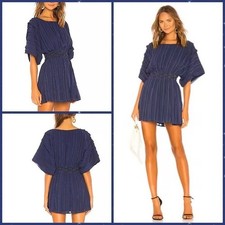 Sz L- NWT Tularosa Sienna Pleated Pinstripe Grommet Waist Flare Slv Mini Dress