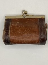 vintage small brown leather coin purse brass hinged frame closure kiss lock