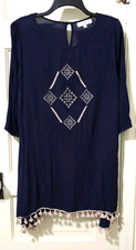 FLASH SALE!! Umgee Peasant BOHO THIN Sheath Dress Large Navy Blue Tan Tassel Hem