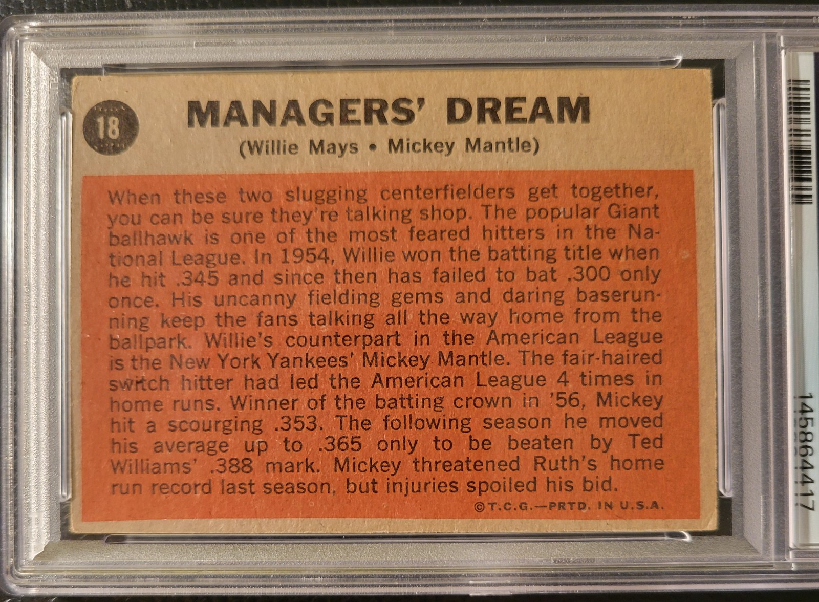 1962 TOPPS #18 MANAGERS DREAM MICKEY MANTLE & WILLIE MAYS PSA 2.5 Mick's MVP YR view 2