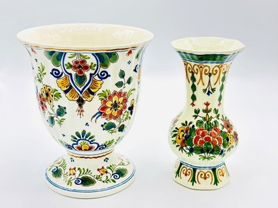 Royal Delft Hand-Painted Porceleyne Fles Set of 2 Vases 6  Dutch Faience Floral