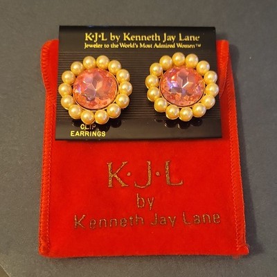 Kenneth Jay Lane Signed Clip-On Earrings Pink Crystal Faux Pearl Gold