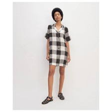 NEW EVERLANE Linen Button Front Shift Shirt Dress Buffalo Black/Wht Plaid Size L