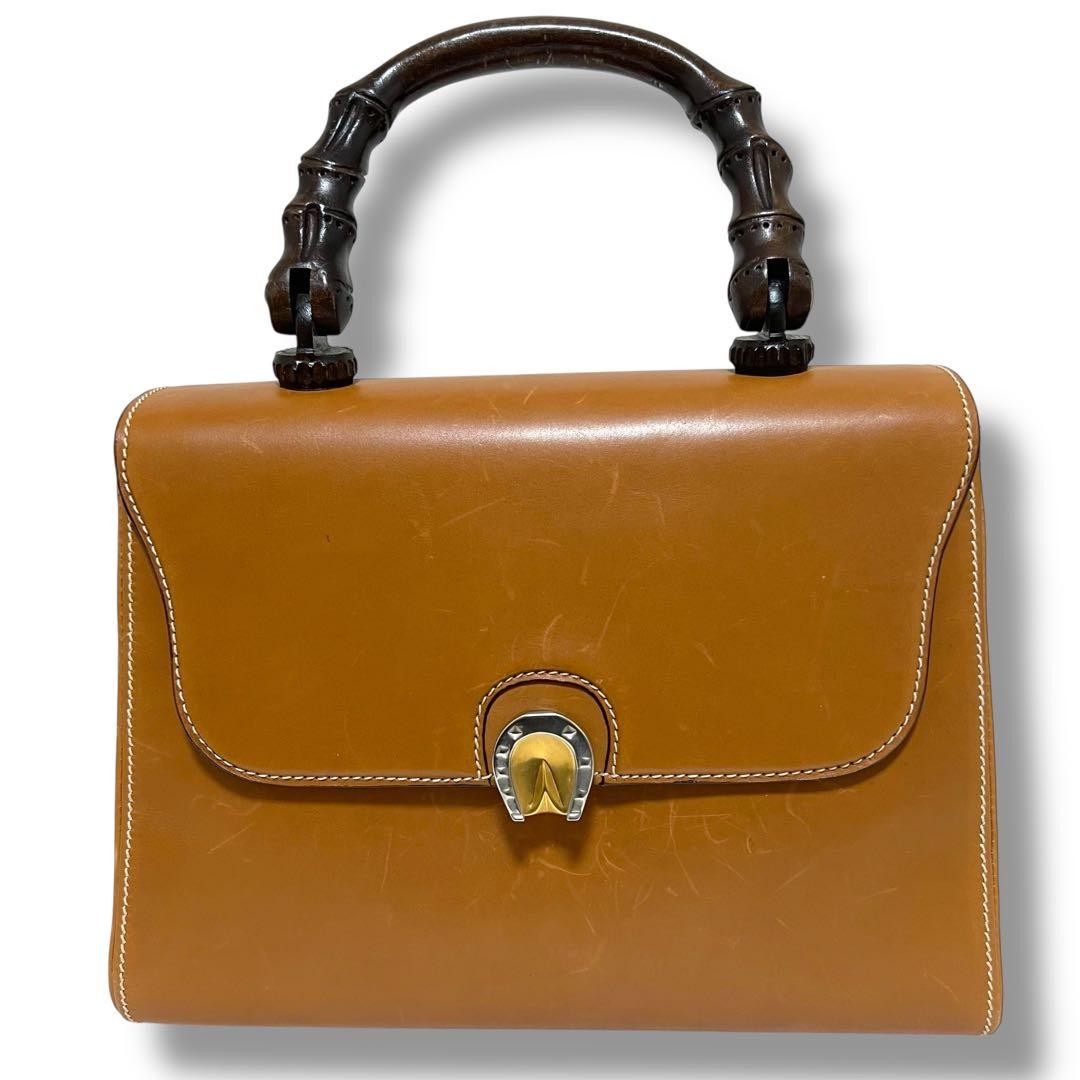 GUCCI Horseshoe Bamboo Wood Handle Handbag Leather Brown Vintage Logo From Japan thumbnail 2