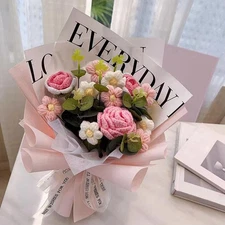 Crochet Flower Bouquet Tabletop Handmade Knitted Pink