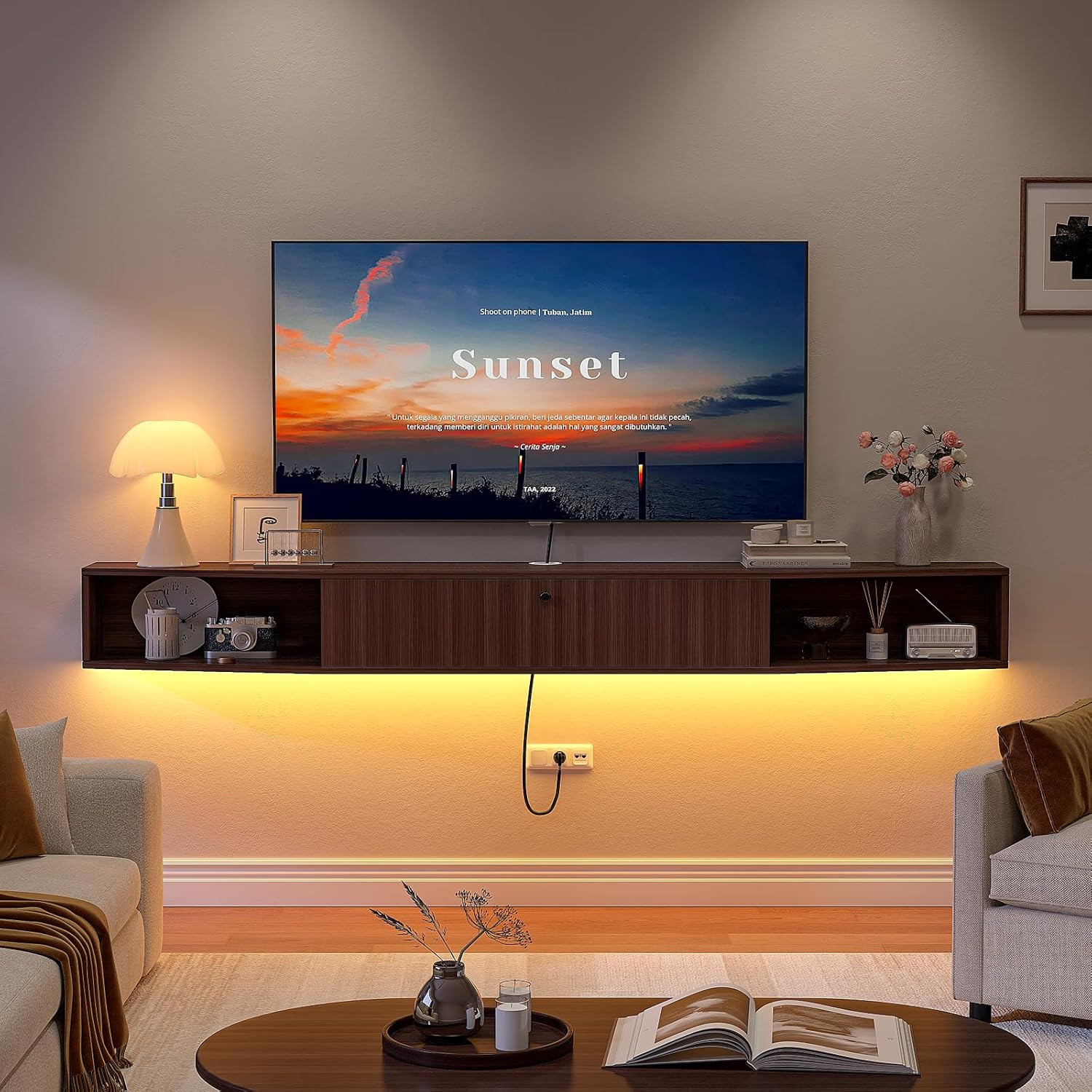 47" Floating TV Stand, Wall-Mounted Media Console with Cabin