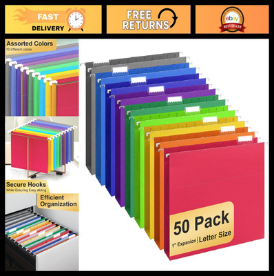 50 Pack Letter Size Hanging File Folders with 1/5-Cut Tabs - 10 Color Organizers