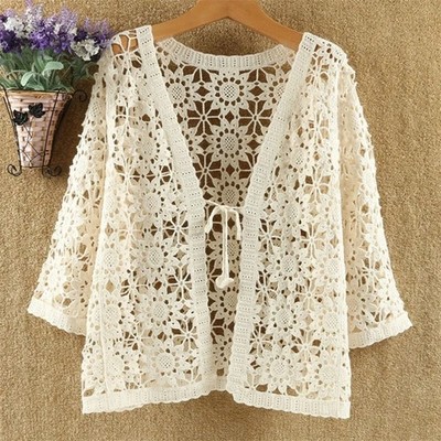 Damen solide Spitze Häkel Cardigan ausgehöhlt Jacke Cover Up Strick Mantel Sommer dünn