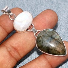 Fiery Labradorite Rainbow Moonstone 925 Silver Plated Pendant 2.5