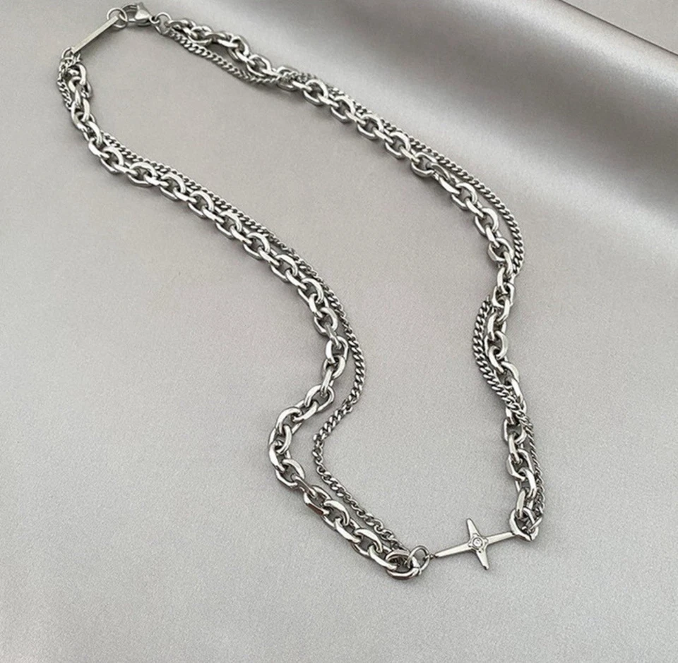 Collana Uomo Donna A Doppia Catena e Maglia Differente In Acciaio Inossidabile. - Immagine 4 di 4