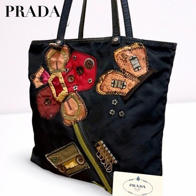 Prada Women's Black Nylon Patchwork Floral Tote Bag, Unisex, Damaged Authentic