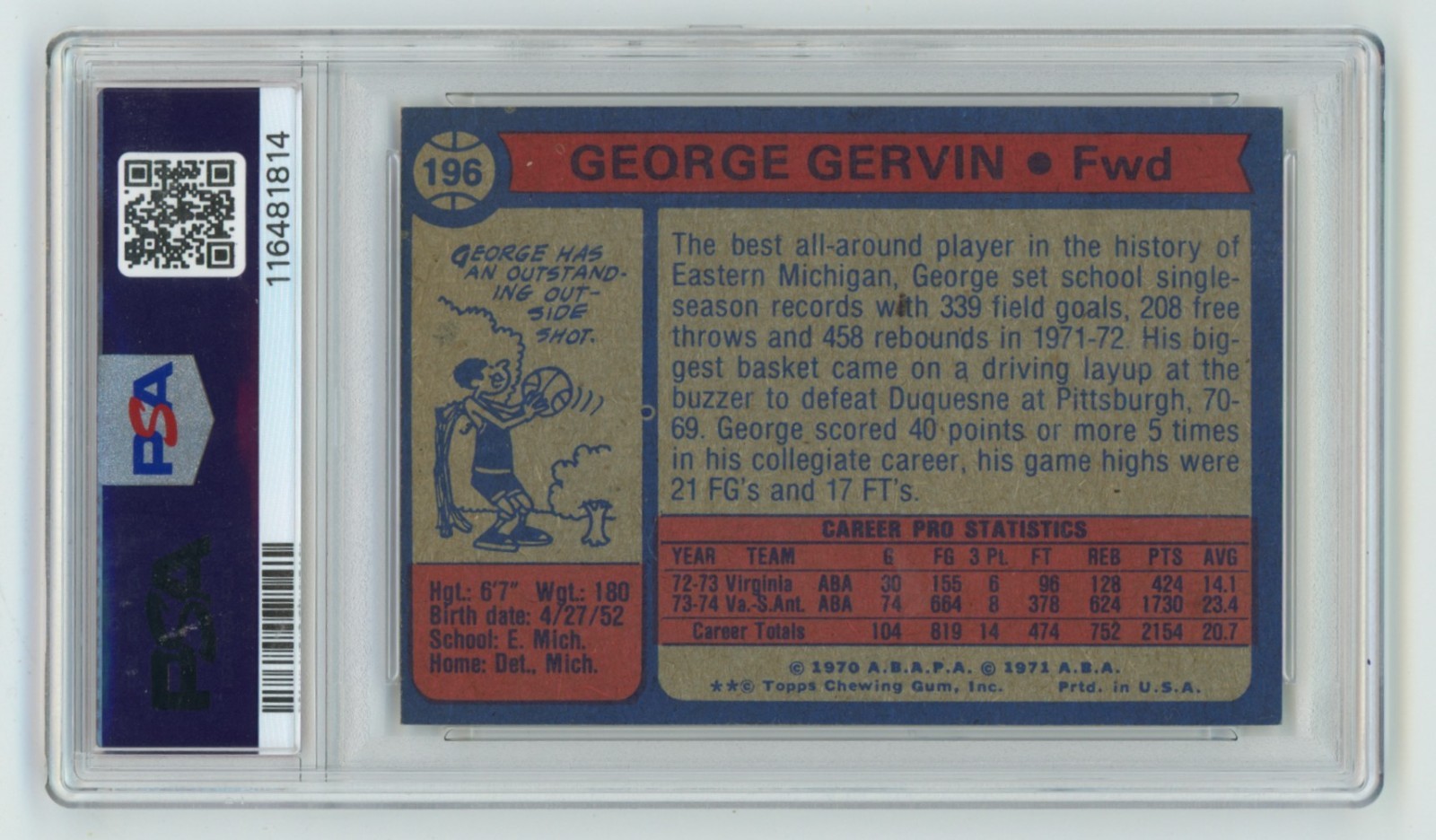 George Gervin 1974-75 Topps #196 Signed Rookie RC w/ Iceman + HOF 96 PSA 10 Auto view 2
