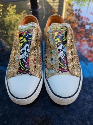 Ed Hardy Womens Y2k US 8 Slip-On Sneakers Gold Glitter Tiger Animal Print
