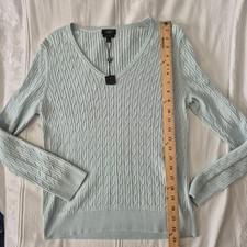 NWT TALBOTS PETITES CABLE KNOT V-NECK SWEATER SEA FOAM GREEN LARGE