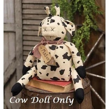 NEW Primitive COW DOLL MASON w/Bell Farmhouse Rustic 11"Hx5.5"Wx3" Black Cream