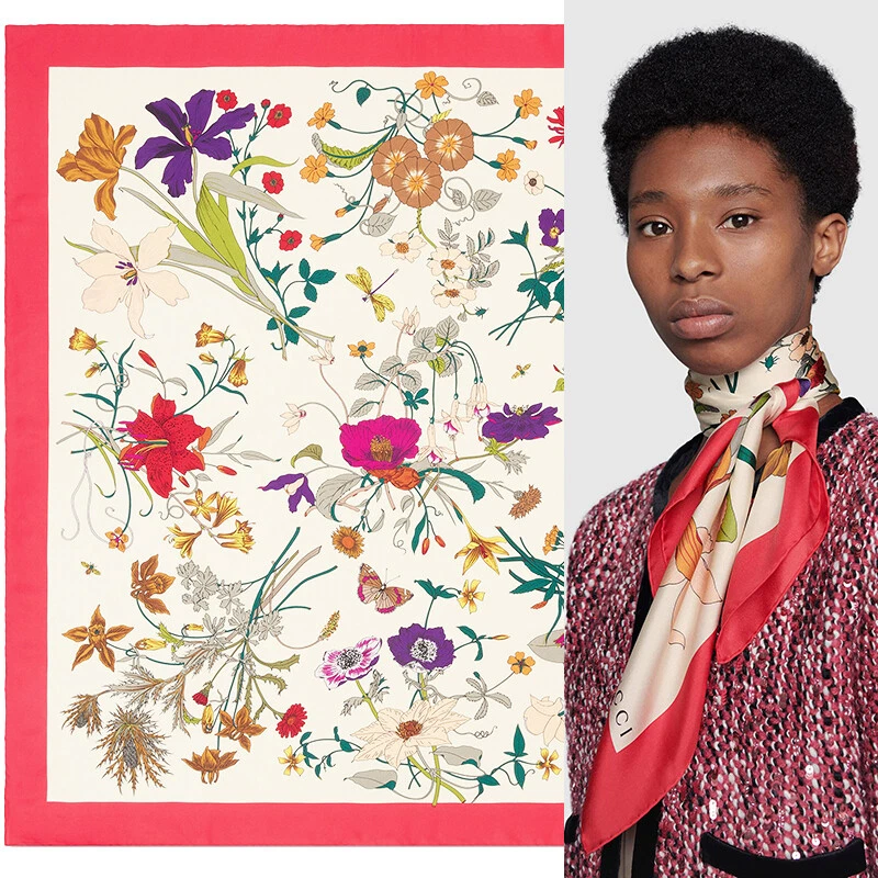 NEW 495 GUCCI Ivory GOTHIC FLORA Multi Color Floral Print Silk Twill 90cm SCARF
