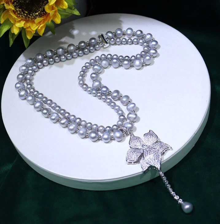 Natural 5-6mm 9-10mm Gray Freshwater Pearl Necklace 18" 19" CZ Pendant For Women - Image 3 of 4