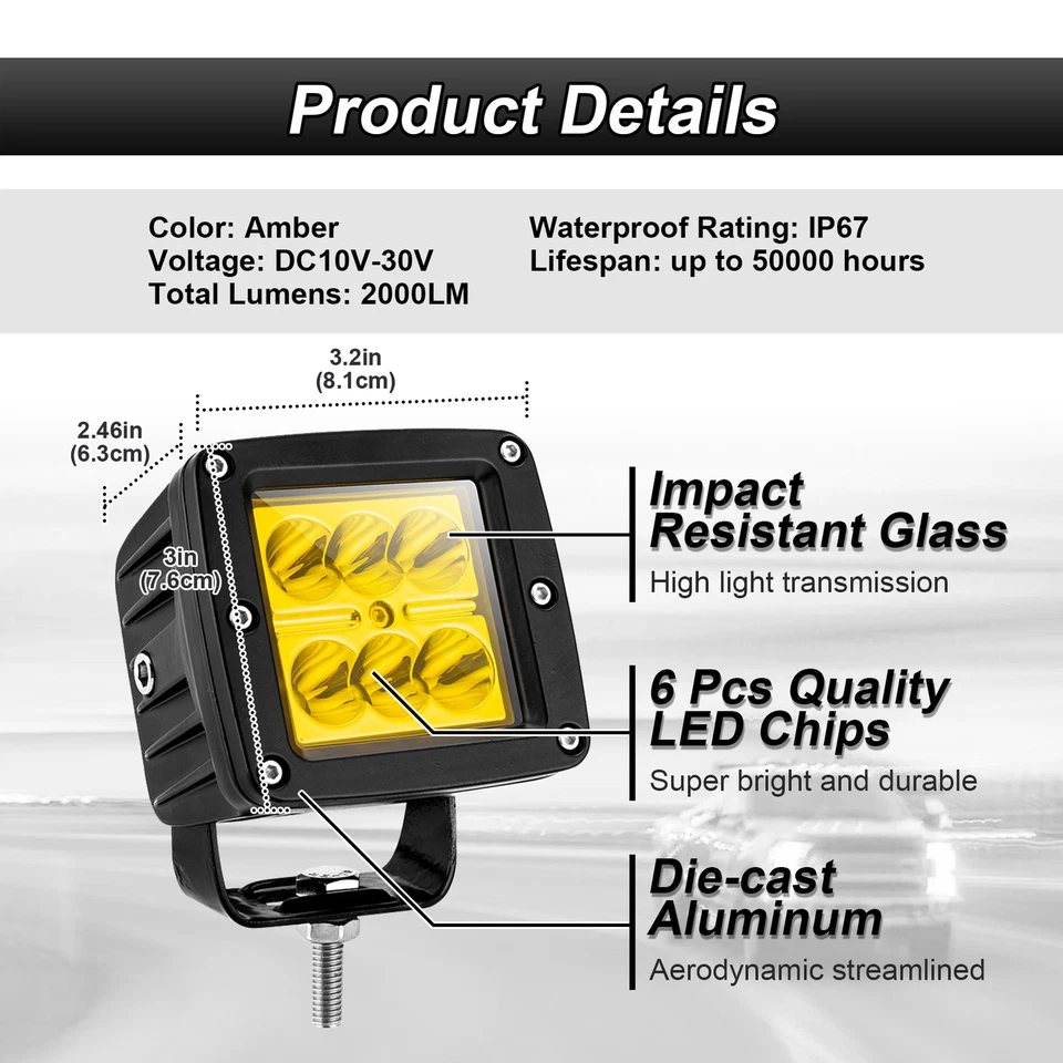 Cápsulas de luz LED ámbar de 3" 48W + cable de montaje de pilar A para Polaris RZR 800 900 XP 1000 Foto 4 de 4