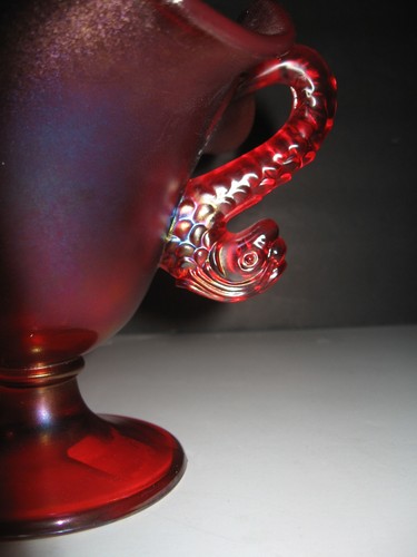 Vintage Fenton Iridescence Ruby Red Dolphin Handles Stretch Glass Compote Bowl - Picture 6 of 8