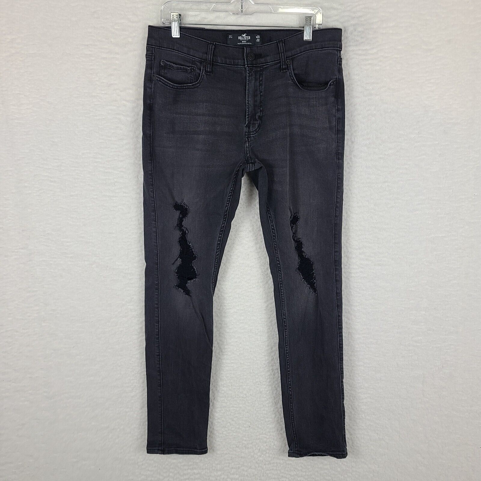 Hollister Jeans Mens 33 x 32 Skinny Advanced Stretch Distress Dark Gray Wash