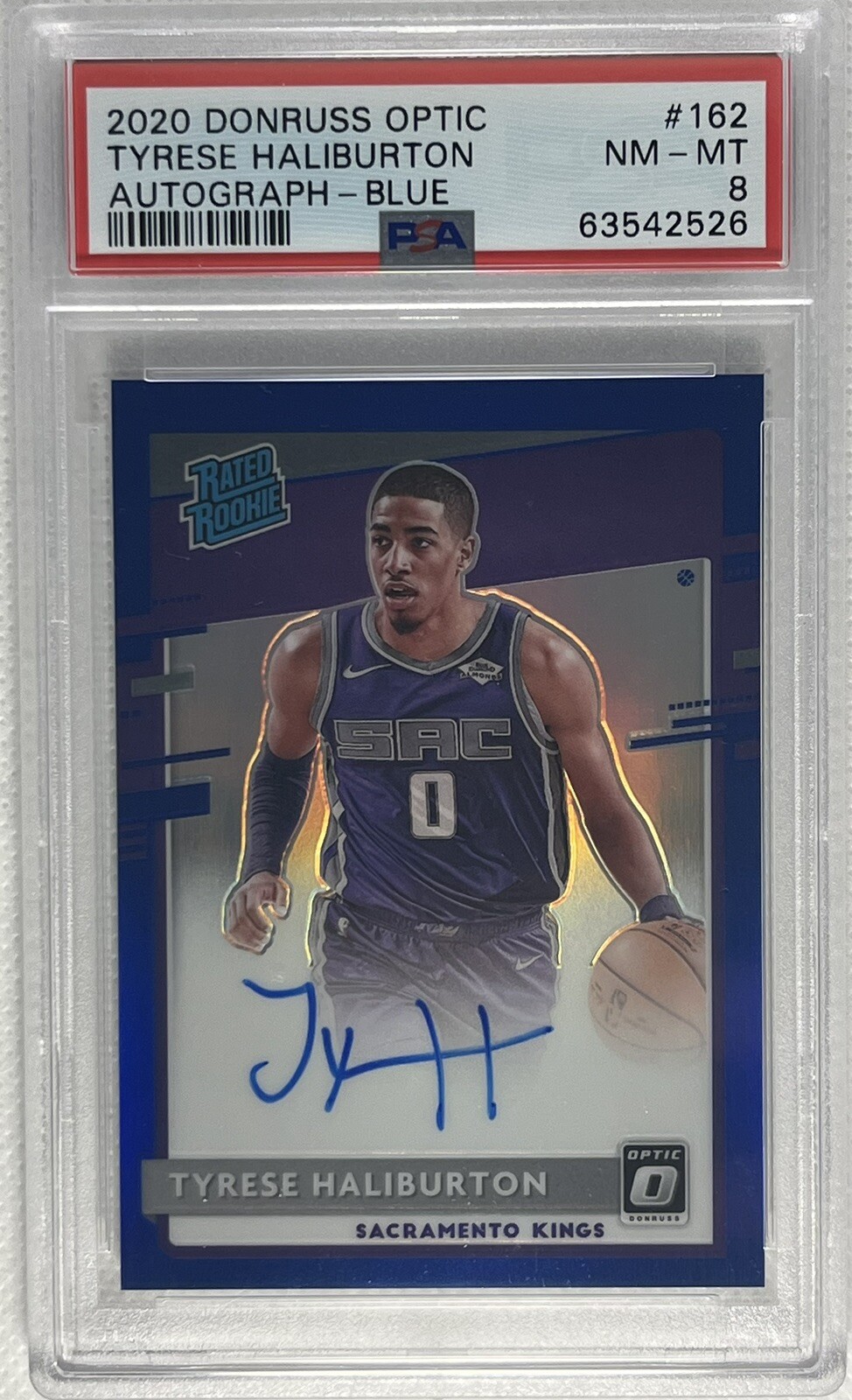2020-21 Donruss Optic Tyrese Haliburton Rated Rookie Auto #162 Blue /49 PSA 8