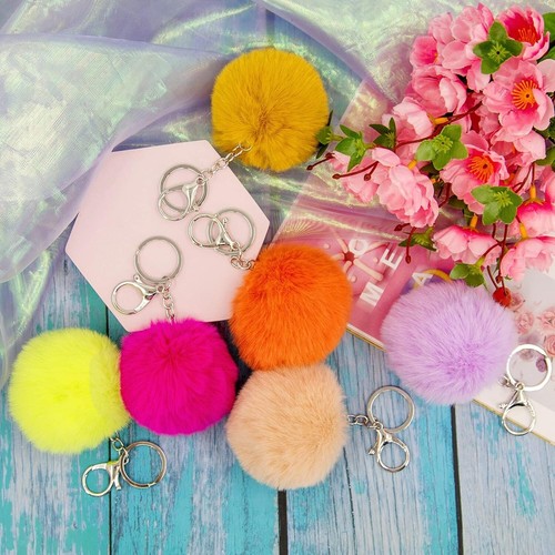 Colorful Fluffy Pom Pom Keychain Set - 18 Pieces Faux Fur Keychain Pom Poms - Picture 9 of 9