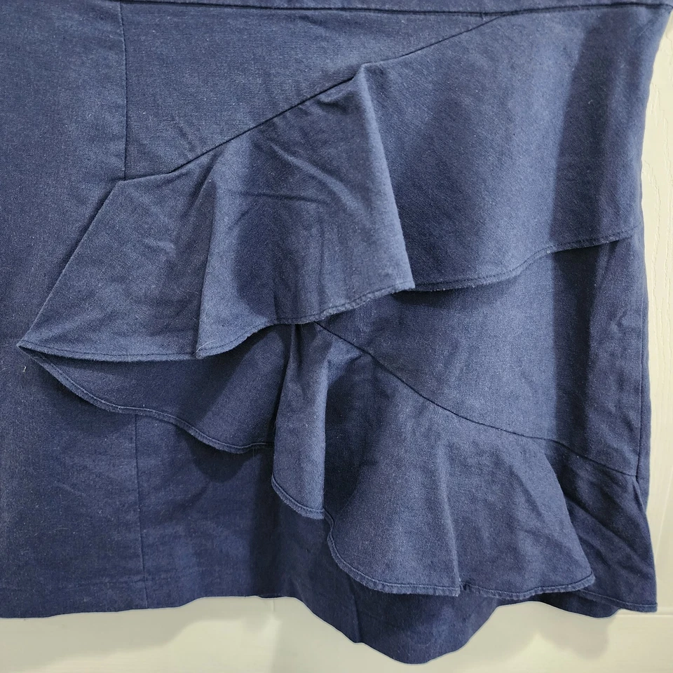 Falda delantera con volantes de lino Lux para mujer mezcla de lino azul liso talla mediana Foto 3 de 4