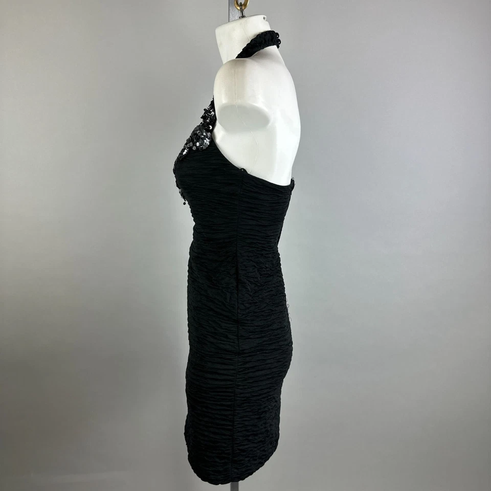 Mini Vestido Halter Ataúd Negro Bari Jay Años 90 De Colección Lentejuelas Profundas en V Talla 3/4 Foto 4 de 4