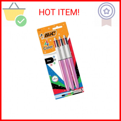 BIC 4-Color Shine Retractable Ball Pens, Fun Pink Metallic Barrel, Medium Point 