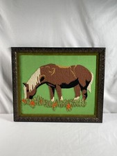 Vintage Large Needlepoint Handmade Completed Horse On Grass Framed 23  19  READ