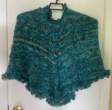Girls HandKnit Poncho/Hood Designer Sample Green MultiTexturalSlubs CrochetTrim