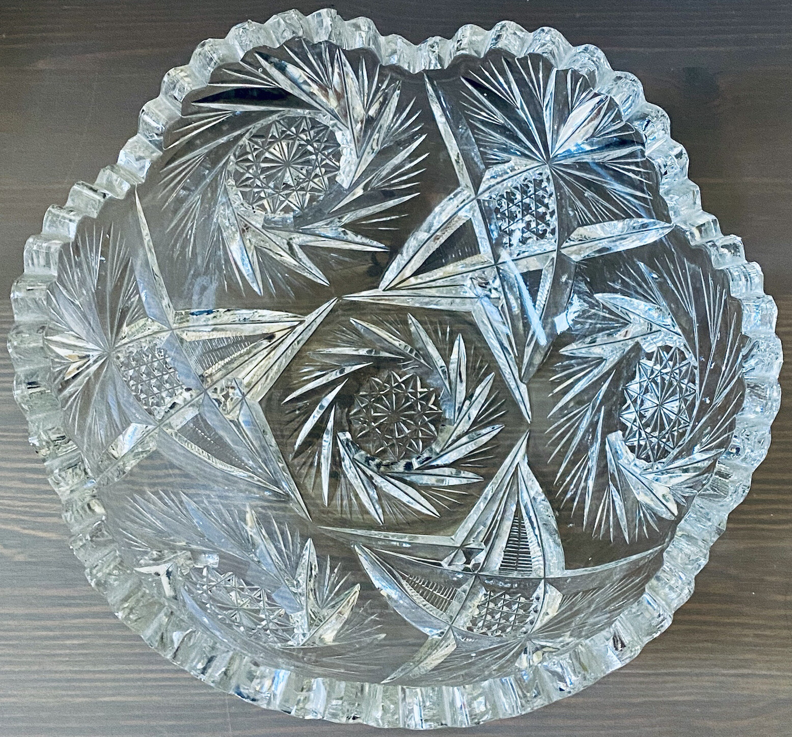 Vintage Heavy American Brilliant Cut Glass Bowl Fan Pinwheel