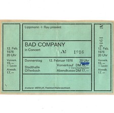 BAD COMPANY Concert Ticket Stub OFFENBACH GERMANY 2/12/76 RUN WITH THE PACK Rare
