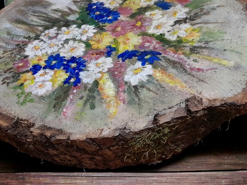 Picture Acryl Paint Wooden Slice Flower Bunch Bark Moss Natural Signed Certifed - Picture 12 of 12