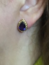 Vintage 14K Yellow Gold Pear Shape 7.5 Ct Lab Amethyst Stud Earrings Rope Accent