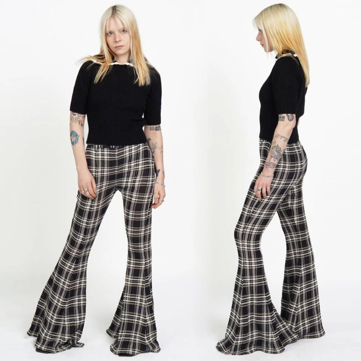 BEAUFILLE Plaid Checked Flared Tartan High Rise Waisted Designer Pants XS S