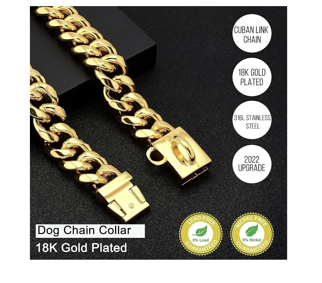 NIKPET Dog Chain Collar 18K Cuban Link 15MM Strong Heavy Duty Chew