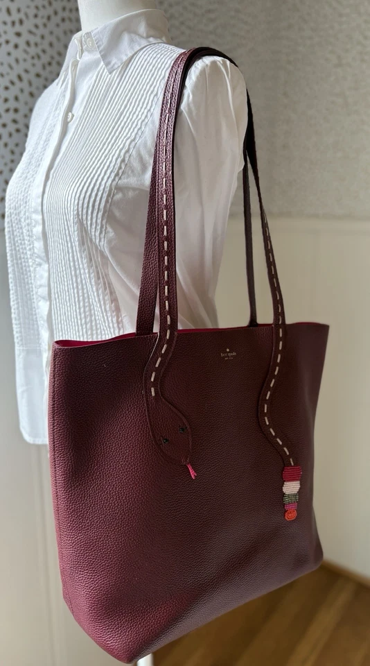 KATE SPADE Burgundy Pebbled Leather With Beaded Snake Tote/Shoulder Bag - Image 4 of 4