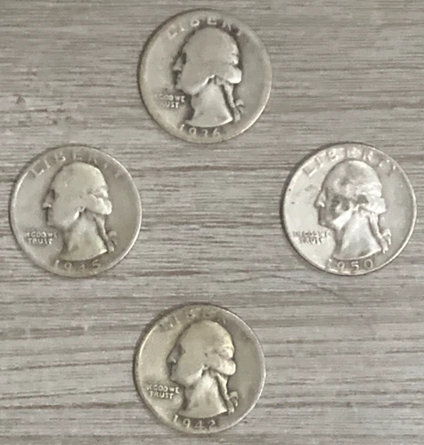 Four (4) 90% Silver Washington Quarters – 1936, 1942, 1945, & 1950