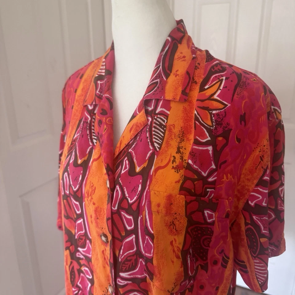 Blusa Camisa Campamento Estampado Floral Tropical Talla Grande 100% Seda Top Años 90 De Colección Foto 4 de 4