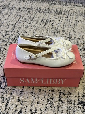 Sam & Libby White Faux Leather Mary Jane Flats Buckle Strap Bow Round Toe US 13