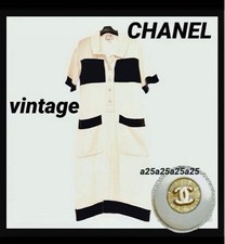 CHANEL Vintage Knit Dress Size 38 Off White Black Gold Coco Buttons
