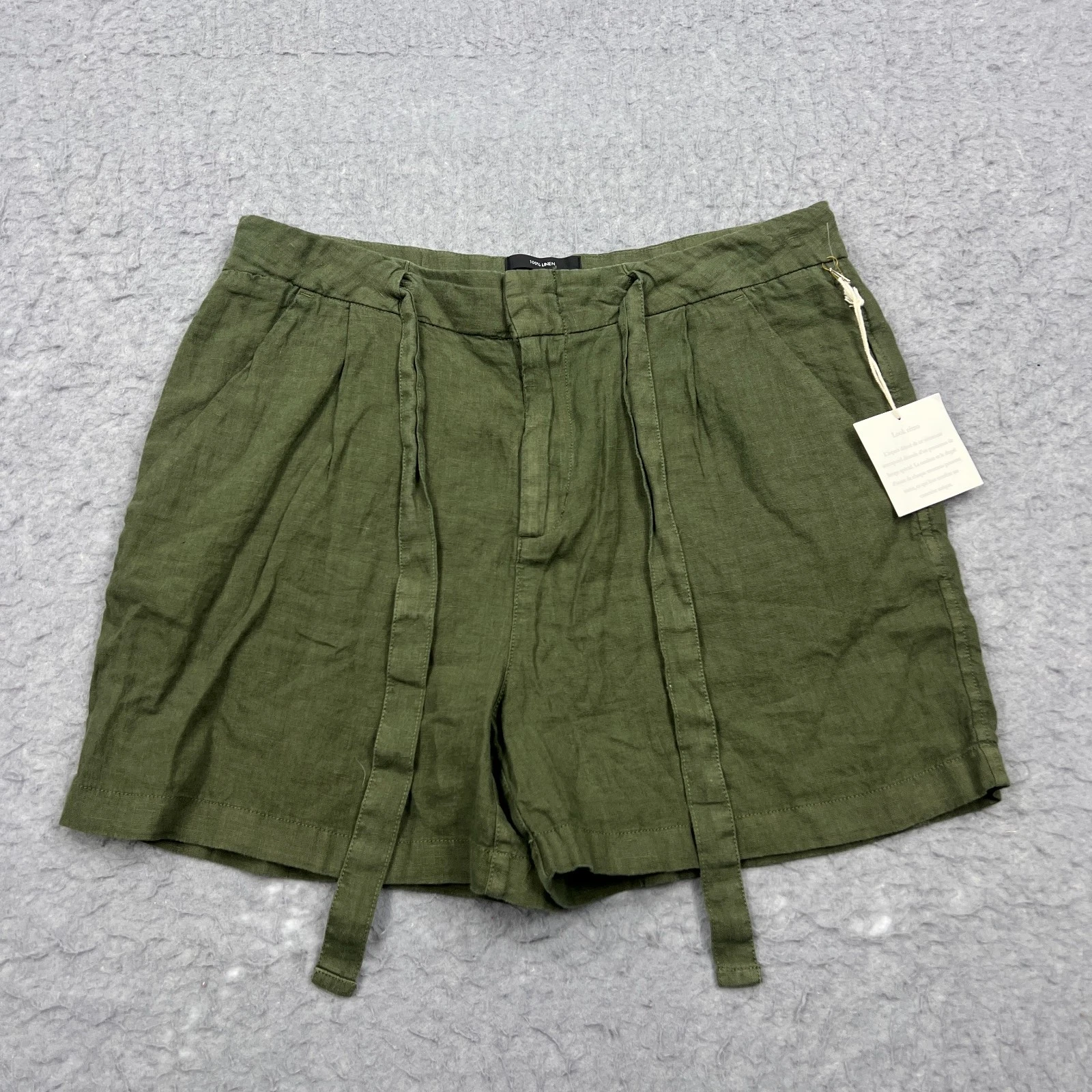 NEW Tahari Paperbag Shorts Women's Large Green 100% Linen Woven 4" Beach Tie NWT